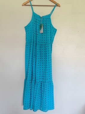 NWT TRUE DESTINATION Turquoise Cotton Eyelet Cover-up Dress Large